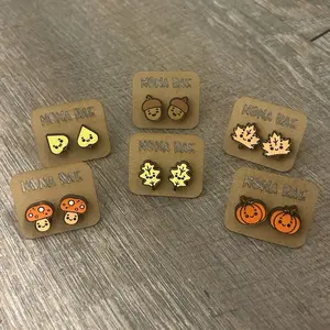 Fall Stud Earrings – Cute Autumn Leaf, Acorn, Pumpkin & Mushroom Designs – Laser Cut Wooden Earrings