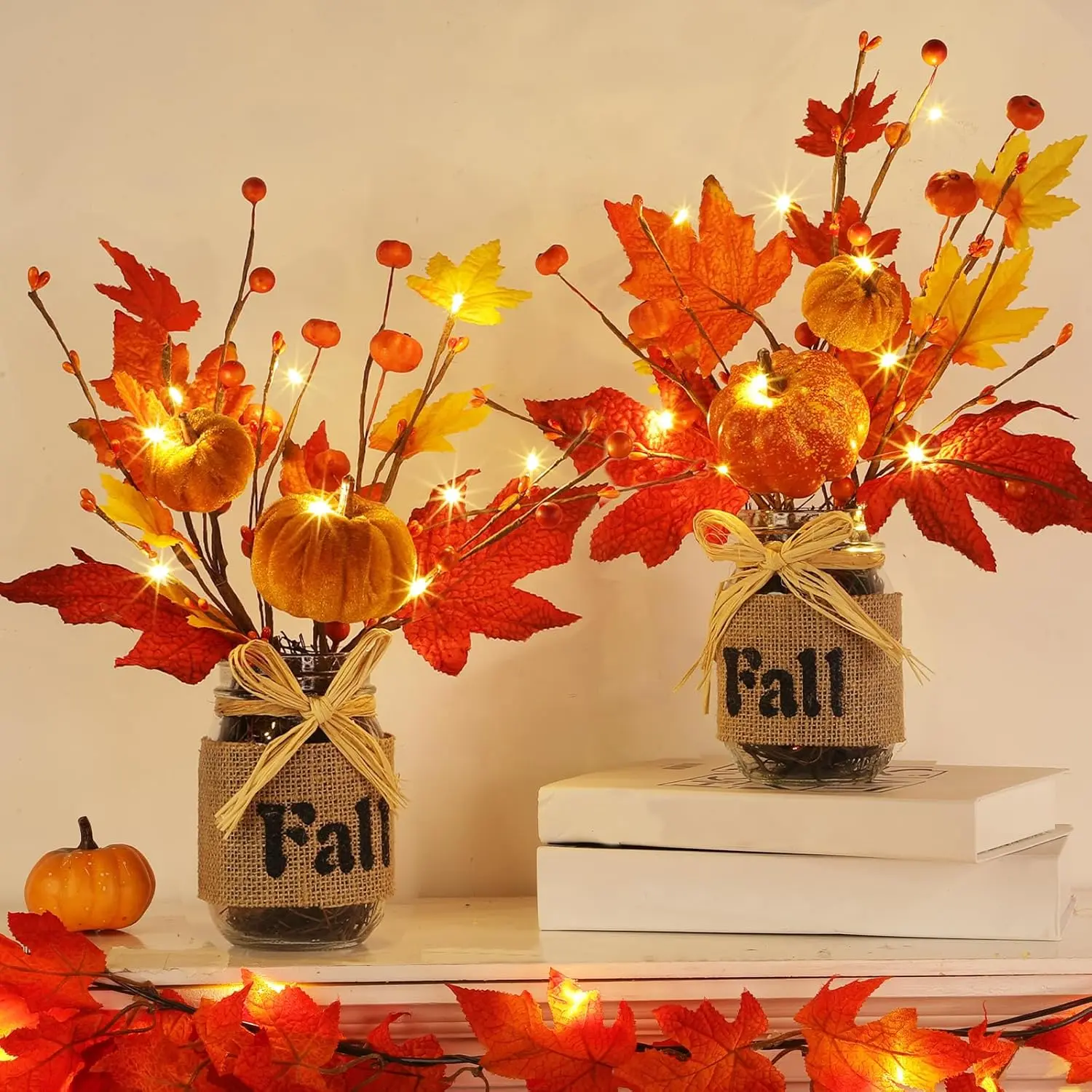 2 Pack & Timer Fall Decorations for Home 13.5 Inch Fall Table Centerpieces Mason Jar with 20 LED Lights Maples Leaves Pumpkins Berried Thanksgivings Fall Centerpieces for Dinner Table Kitchen Office