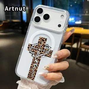 Magnetic Soft Case for iPhone 17 16  Pro Max Plus 15 14 13 12 11 Air E Non-Yellowing Drop Protection Transparent Acrylic Large Hole Leopard Cross Crown Pattern Shockproof Silicone Cover Supports Wireless Charging