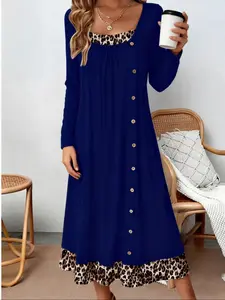 New Spring Autumn Casual Round Neck Long Sleeve Pullover Dress, Colorblock Ruched Print Leopard Button Design, Women's Fashion