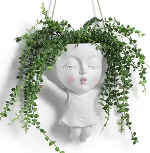 White Resin Hanging Planters for Indoor Outdoor Plants with Drainage Hole, Creative Face Planter Pots for Home Garden Decor