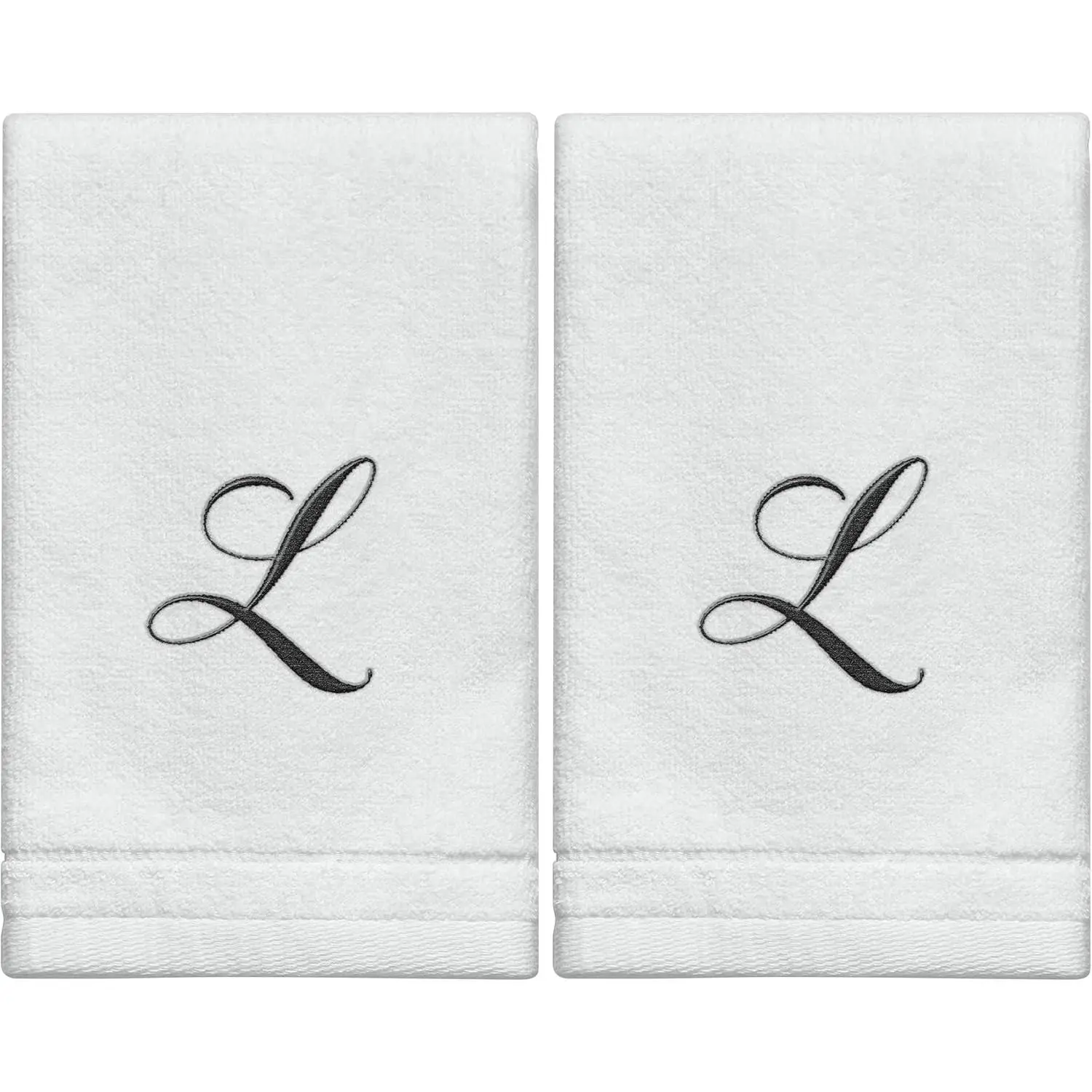Monogrammed Towels Fingertip, Personalized , 11 x 18 Inches - Set of 2- Black Embroidered Towel - Extra Absorbent  Cotton- Soft Velour Finish - For Bathroom/ Kitchen/ - Initial L (White)