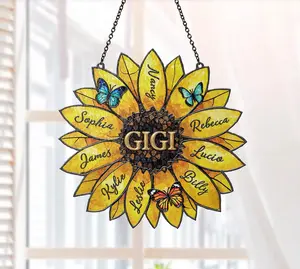 Personalized Sunflower Suncatcher, Custom Family Names, Stained Acrylic Window Art