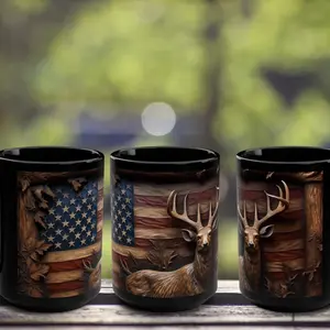 Rustic Deer Coffee Mug with American Flag  Patriotic Wildlife Hunter Gift