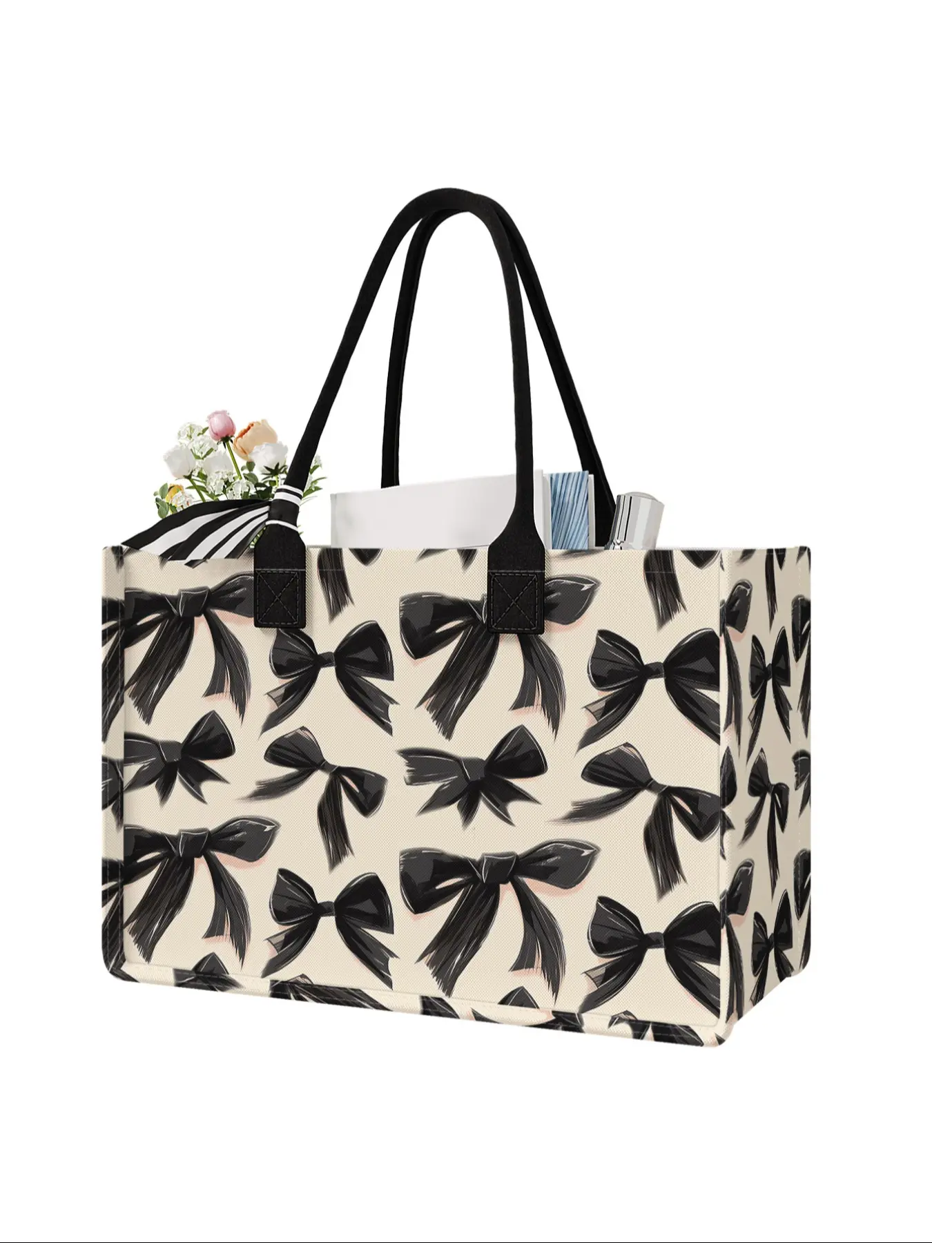 Large Capacity Bowknot Printed Storage Bag, Durable Handles, Reusable Bags with Handles, Space-Saving Multi-Purpose Organizer, Travel Essentials, Lightweight Fashionable Shopping Bag for School Travel Shopping