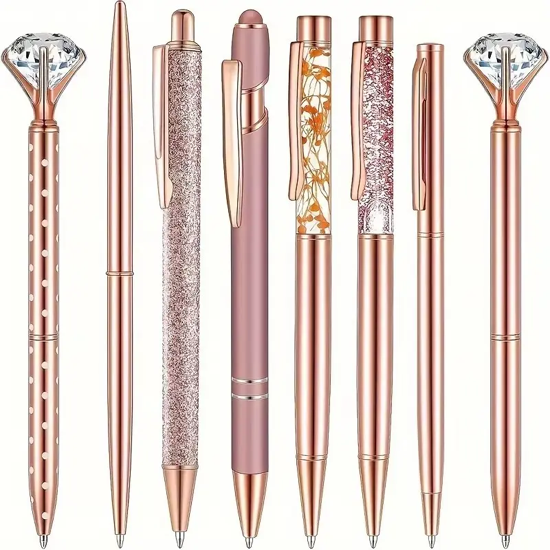 8pcs Rose Ballpoint Pen Set, Stylish Metal Pens with Crystal Accents, Ballpoint Pen Kit, Ideal for Students, Office Use, Gifts, Weddings, Office Supplies, Aesthetic Pens, Writing Pens