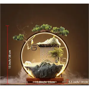 Tabletop Water Fountains - Indoor Waterfall with Mist LED - Japanese Indoor Water Fountains for Meditation - Includes Backflow Incense and Fake Plants - Feng Shui Decor for Good Luck and Wealth