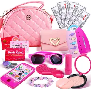 Summer Gift Purse Makeup Kit - Pretend Play Princess Make Up Set for Girls, with Mini Bag Toy Cell Phone Wallet Money Credit Card Accessories Kit Gifts for Toddler Ages 3,4,5,6,7,8,9,10,11,12 Years Old