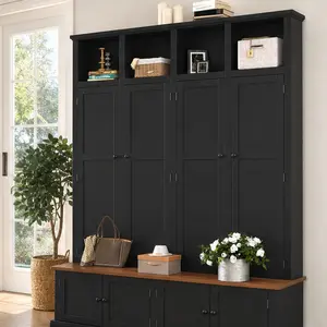 ARCH Farmhouse Hall Tree with Bench and Cabinet, 4-in-1 Entryway Coat Rack with Hooks, Cubbies & Storage, MDF Black 76.7'' Tall Mudroom Organizer for Living Room, Hallway, Bedroom, Walk-In Closet, Black Color Options, MDF Material