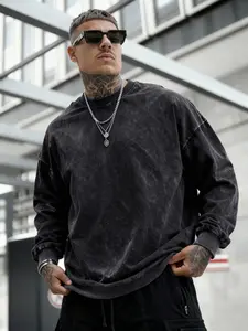 Men's Solid Color Casual Retro Vintage Washed Round Neck Long Sleeve Sweatshirt, Loose-Fitting Fall & Winter Fashion, Single Piece Simple Design
