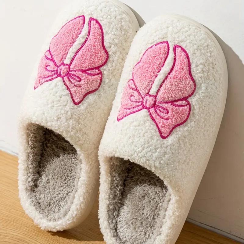 Women's Bowknot Slippers - Winter Warm Fuzzy Slip-On House Shoes with Cute Bow and Cartoon Pattern - Footwear, Walking Shoes