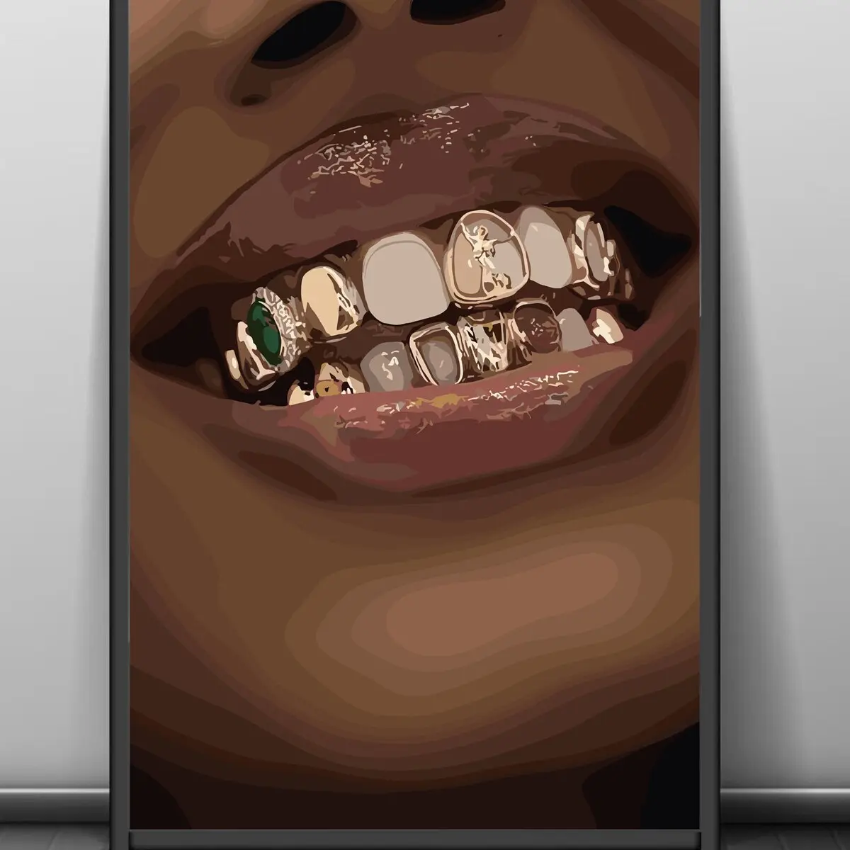 Unframed Artistic Waterproof Urban Wall Art Print - Vintage Home Decor Poster of a Black Woman with Gold Teeth, Glossy Lips, Grillz, Lipstick Allure, Ideal for Kid Room, Kitchen (With Box), Wall Decor