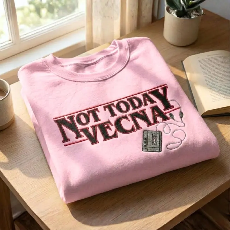 Embroidered Not Today Vecna Sweatshirt – Retro Headphones Graphic Crewneck