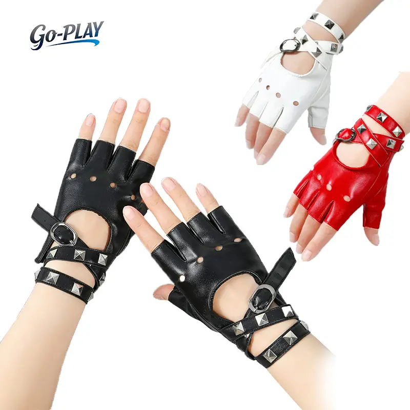 Fingerless Faux Leather Gloves for Women, Punk Biker Rivet Gloves with Buckle Strap, Y2K Goth Motorcycle Half Finger Gloves, Rock Star Dance Costume Accessories, Festival Rave Outfit, Concert Fashion, Halloween Cosplay, Emo Grunge Streetwear