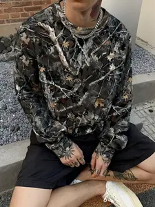 Men's Camouflage Tree Branch Print Drop Shoulder Sweatshirt, Regular Fit Casual Long Sleeve Round Neck Pullover for Spring & Fall, Fashion Men's Top for Daily Wear, Camouflage Streetwear, Hoodie, Crewneck Sweatshirt