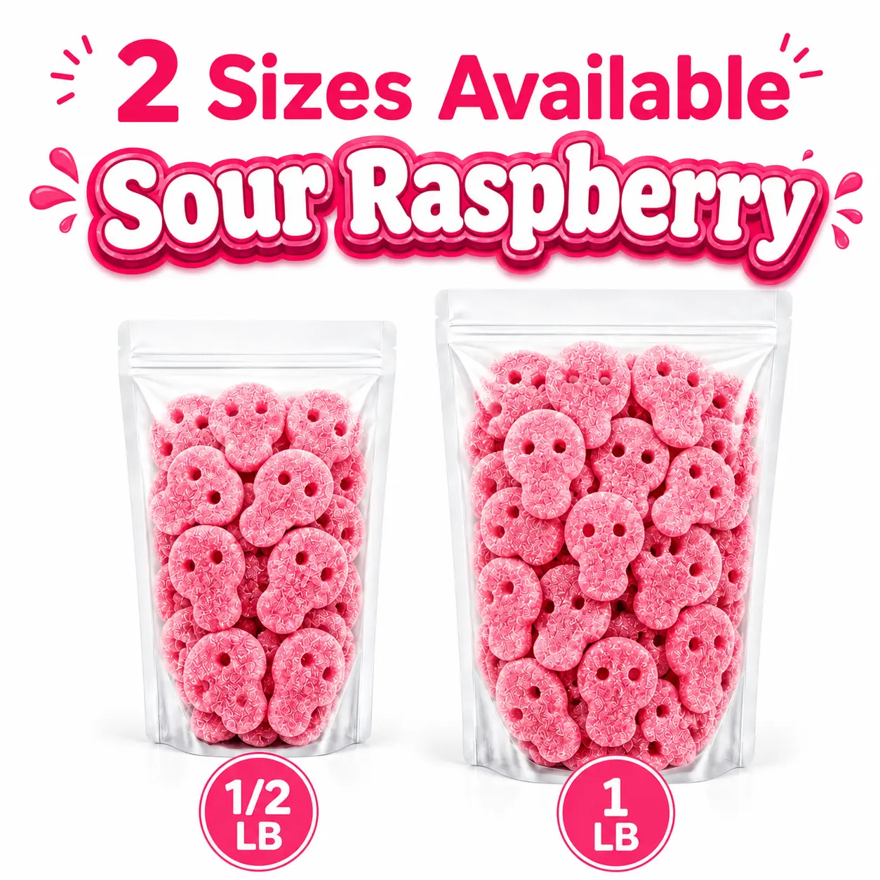 Swedish Sour candy Raspberry Skulls - Trendy Pink Gummies with Sweet Twist, Chewy Texture, 2 Sizes Available, 1/2 LB & 1 LB  Snack Mix