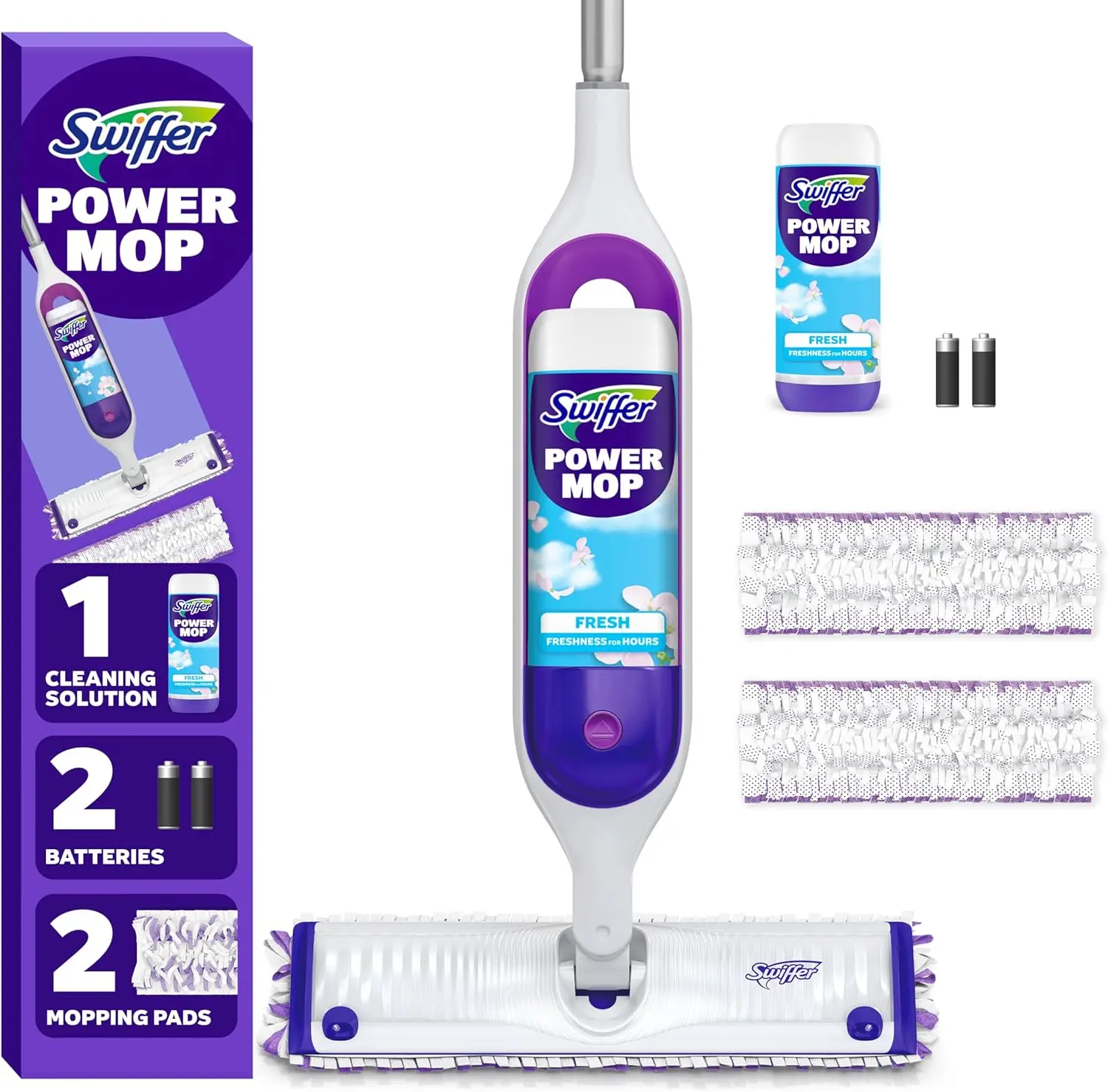 Swiffer PowerMop Mopping Kit for Floor Cleaning, Set Includes 1 Power Mop, 2 Replacement Pads, 1 Liquid Solution Refill, 2 Batteries, No Bucket Needed Electric Spray Cleaner, Multi-Surface and Wood
