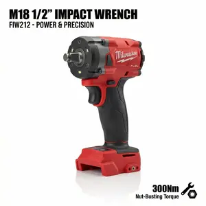 MILWAUKEE M18 FIW212 18V Compact 1/2 In Cordless Impact Wrench For Tight Space Fastener Installation Machinery Repair And Daily Maintenance Tasks Power Tool Delivering 300Nm Torque And Four Mode Performance Control