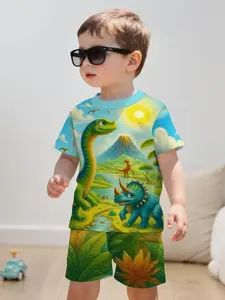Cute Dinosaur Theme Kids' Clothing Set, Casual Set, Fresh Jurassic Print & Bright Colors, Boys Summer Dinosaur Short Sleeve