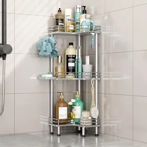 Standing Corner Shower  - 3 Tier Shower Shelf Corner with Soap Holder, Rustproof Bathroom Standing Organizer with 4 Hooks,