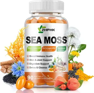 Organic Sea Moss Softgels with Black Seed Oil, Ashwagandha, Burdock, Turmeric, Elderberry, Omega 3 for Immune System, Skin, Joint, Energy, Gut Support 90-Count, 45 Days Supply