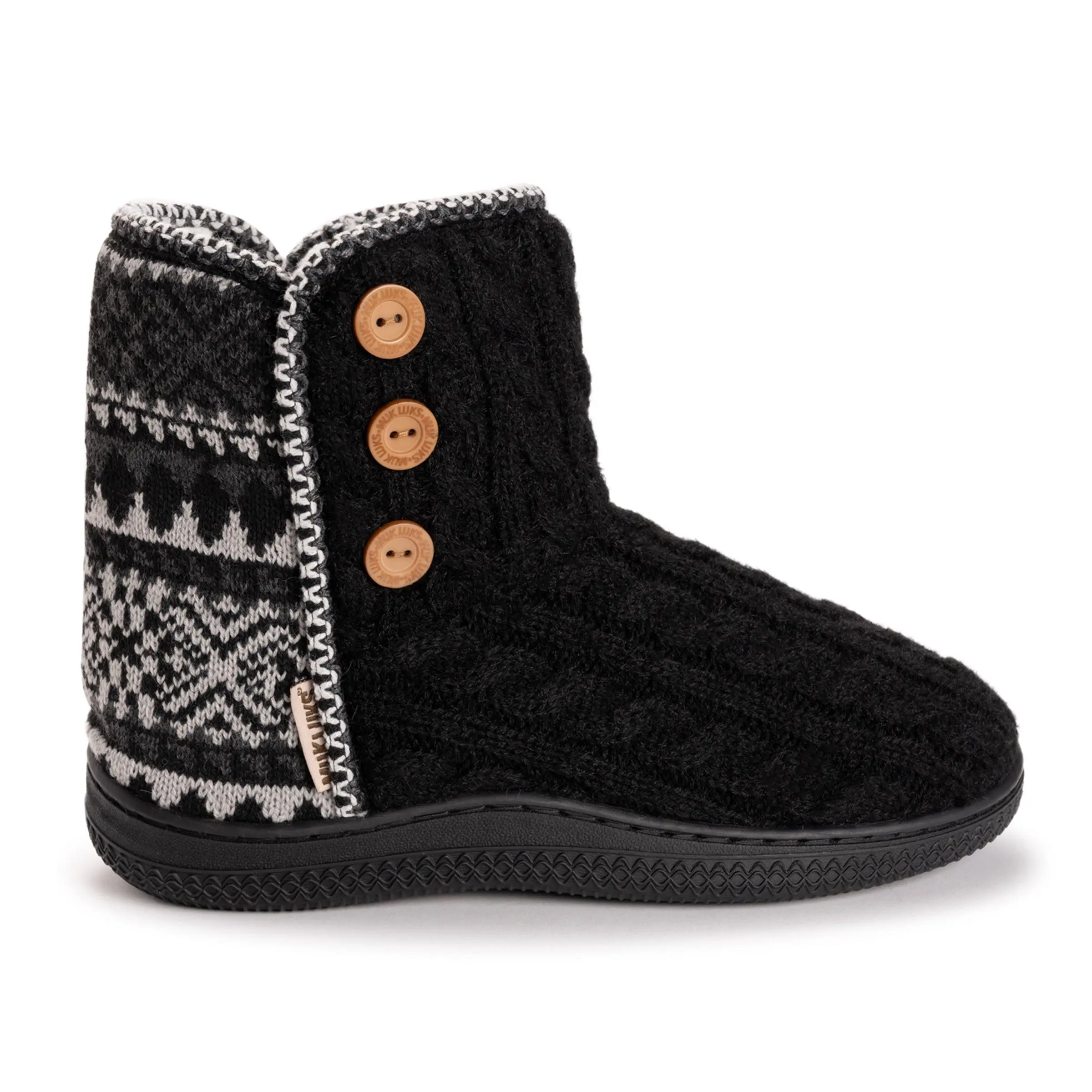 Muk Luks Women's Leann Sweater Knit Slip On Ankle Slipper Boots, Faux Shearling Lined with Stylish Button Detail and Indoor-Outdoor Sole, Classic