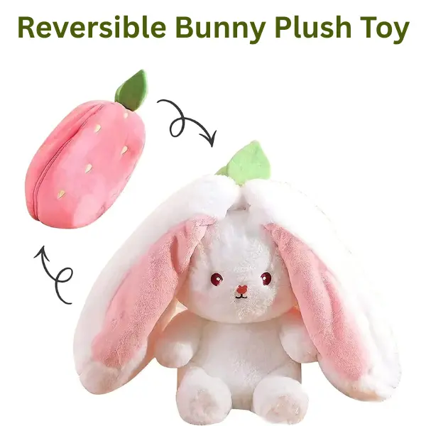 Reversible Bunny Plush Toy, Strawberry Carrot Rabbit Stuffed Animal Pillow with Zipper, Cute Soft Plush Doll for Kids & Adults, Summer Gift, Birthday Gift