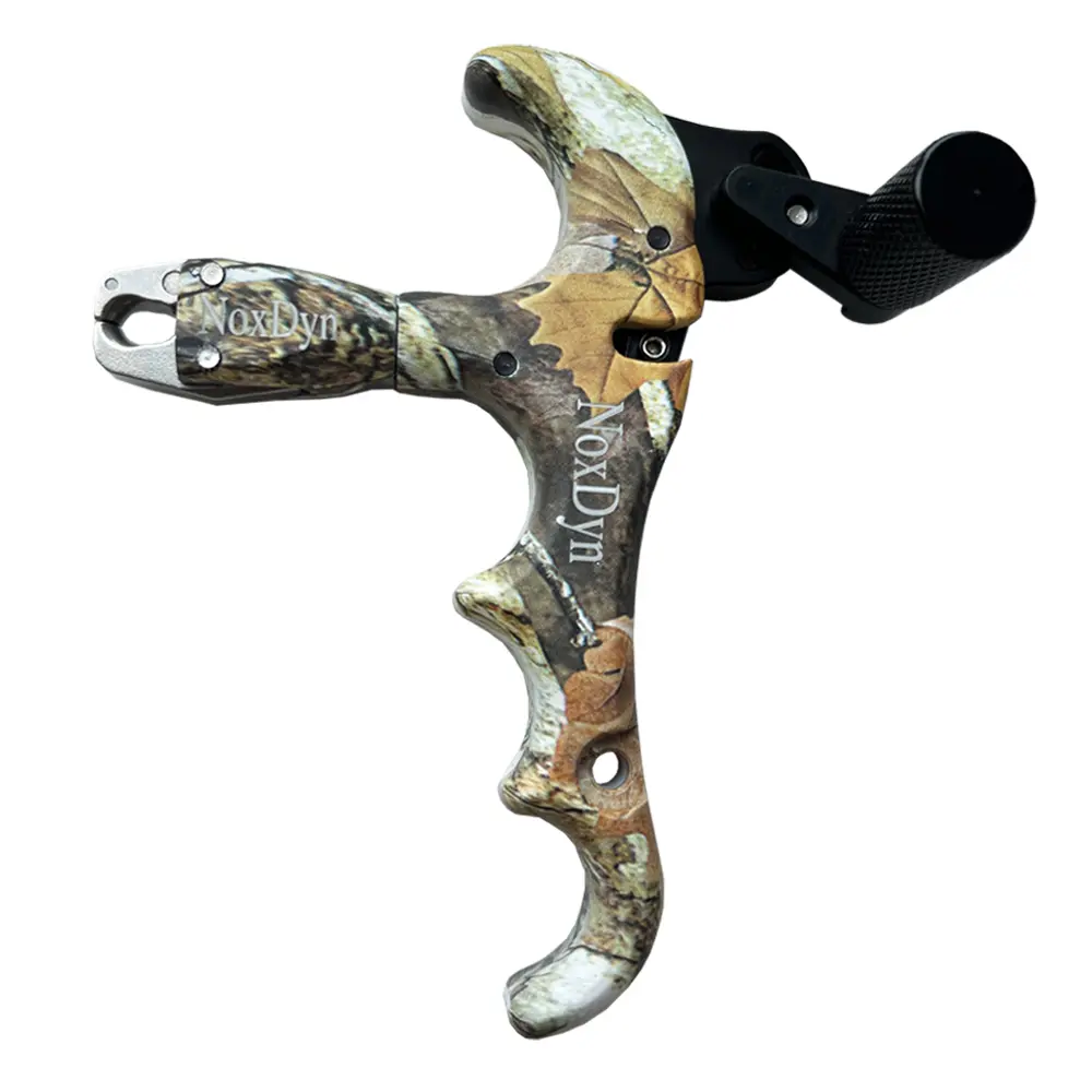 NoxDyn Adjustable 4-Finger Aluminum Thumb Release, 360° Rotatable Camo Design for Compound Bows, All Skill Levels, Quick Release, Sturdy, Hunters