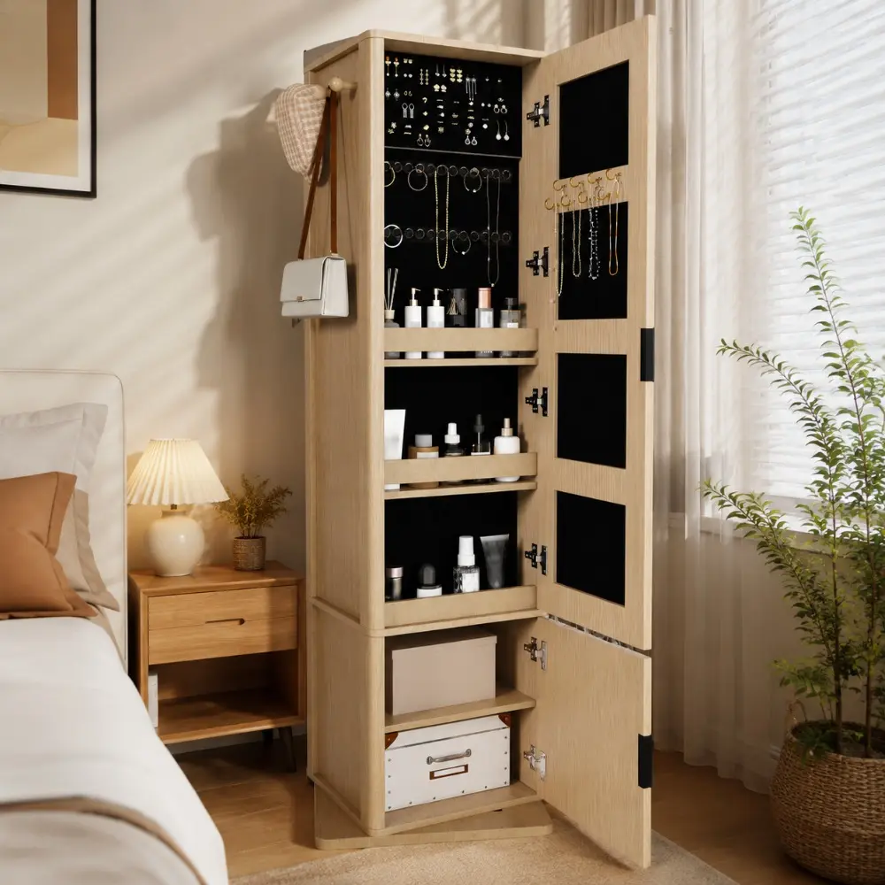 Littleox 360° rotating makeup cabinet, jewelry cabinet with a full-length mirror, standing storage cabinet with a coat rack, 4 layers of open shelves and 2 layers of built-in shelves, walnut