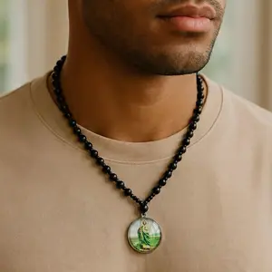 Unixes Round Saint Jude Thaddeus Image Necklace Glass Beads Prayer Collar 64cm Long Unisex Religious Jewelry Gift for Daily wear