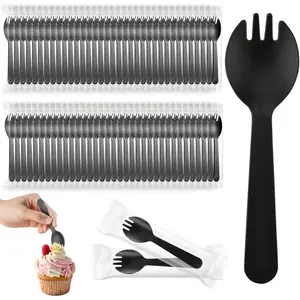 200 Pcs Mini Plastic Sporks Disposable Individually Wrapped Disposable Sporks Plastic Spork 2-in-1 Utensils for Party Wedding Birthday Picnic Family Gathering (4.33'' x 1.22'',black)