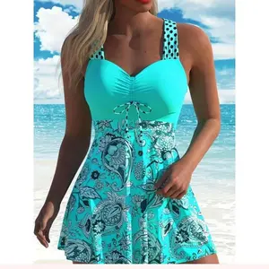 Women'sPlantsPrintVNeckSwimdress&TankiniSet,CasualSleevelessSwimDress&SwimTopTwo-pieceSwimsuitforBeachHolidayVacation,LadiesSwimwearforAllSeasonspengpeng
