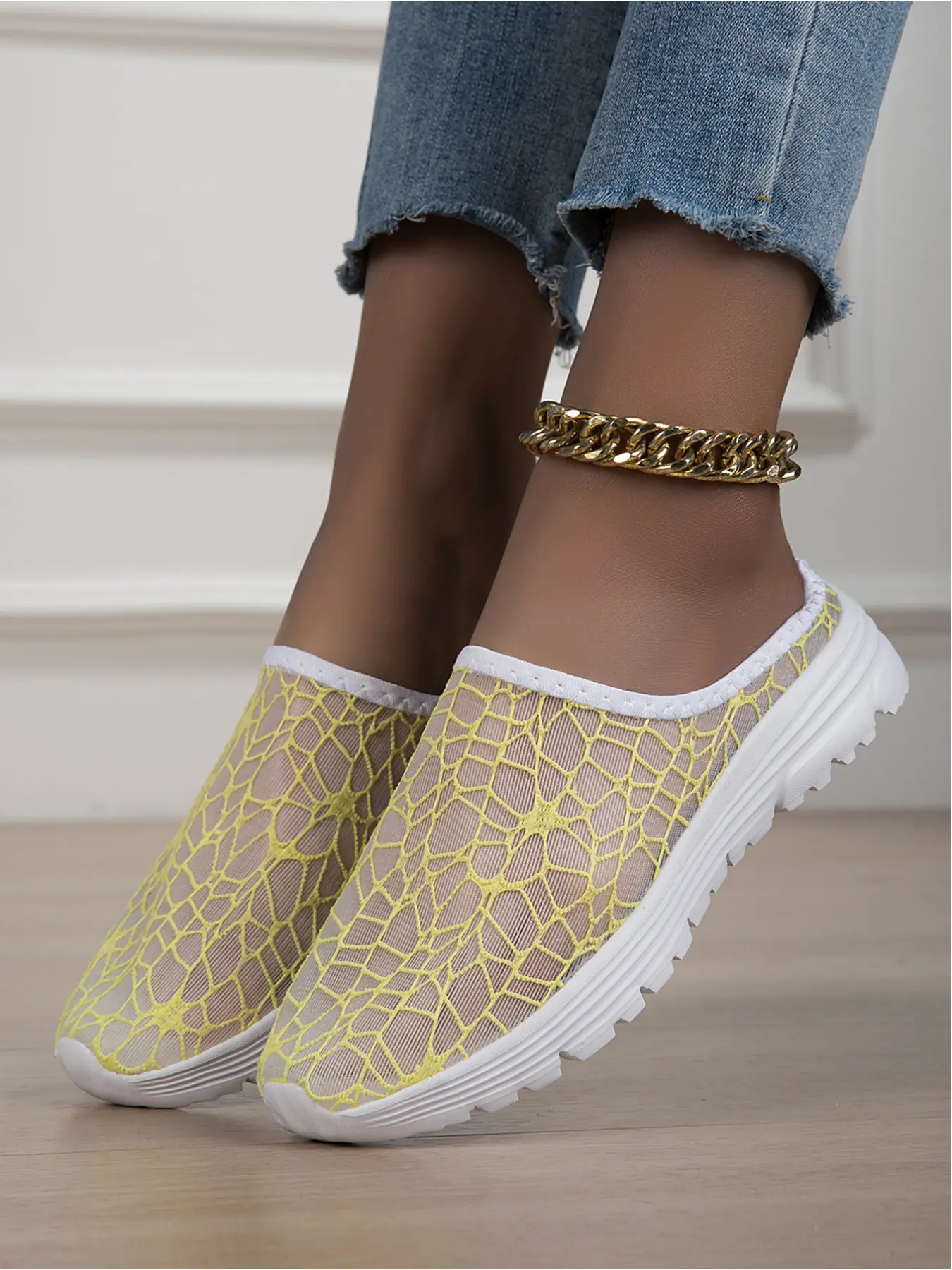 Women Breathable Lace Athletic Slip On Mule Sneakers Thick Sole Non Slip Backless Walking Shoes