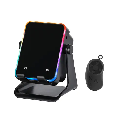 5-in-1 Inductive Wireless Stereo Audio Speaker Stand with Built-in 2000mAh Rechargeable Portable Charger, 360° Adjustable Phone & Tablet Holder, Colorful Ambient Light, USB-C - Cool Gadget for iPhone 11-18, Android Devices (Back To School)