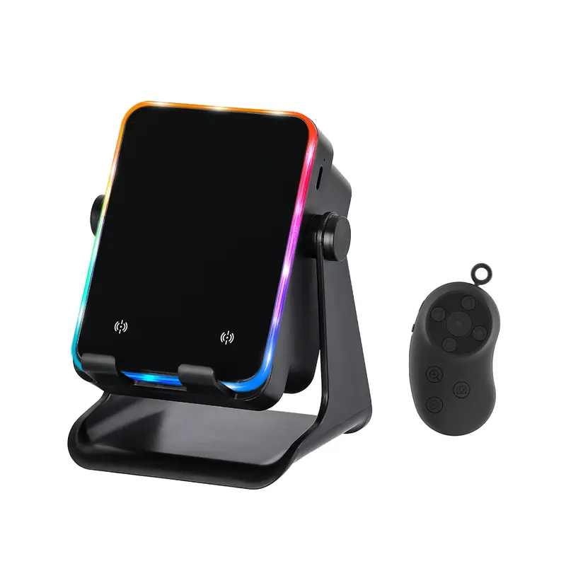 5-in-1 Inductive Wireless Stereo Audio Speaker Stand with Built-in 2000mAh Rechargeable Portable Charger, 360° Adjustable Phone & Tablet Holder, Colorful Ambient Light, USB-C - Cool Gadget for iPhone 11-18, Android Devices (Back To School)