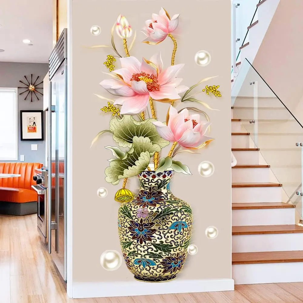 Chinese Style Lotus Flower Classical Vase Wall Sticker  Living Room Art Wall Decals Home Entrance Backdrop Decoration