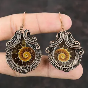 Ammonite Fossil Copper Valentine Gift Wire Wrapped Drop/Dangle Earrings 2.24"