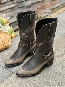 Women's Vintage Embroidered Western Cowboy Boots, Mid-Calf Feather Pattern, Slip-On Pointed Toe, Metal Chain Decoration