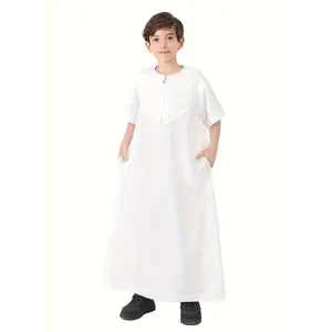 Elegant Light Pink Long Tunic - Casual Short Sleeve with Zipper Side Pockets, Perfect for Ramadan and Eid al Fitr, Traditional |   Zippered Pockets, Youth Clothing