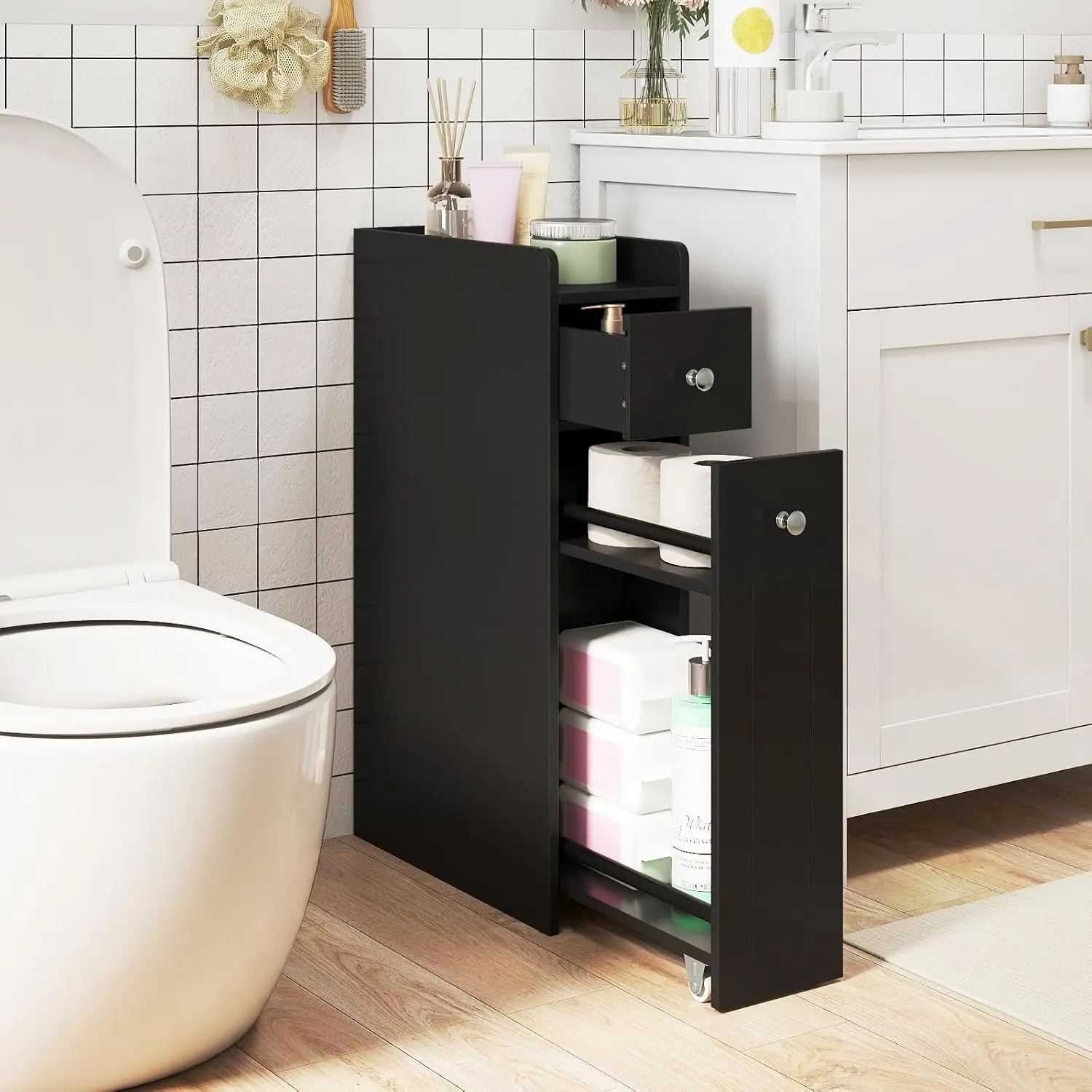 Vallmore Slim Bathroom Storage Cabinet, 4-Tier Narrow Organizer Next to Toilet with Slide-Out Drawers on Casters, Floor Cabinet for Small Spaces (White, Black)