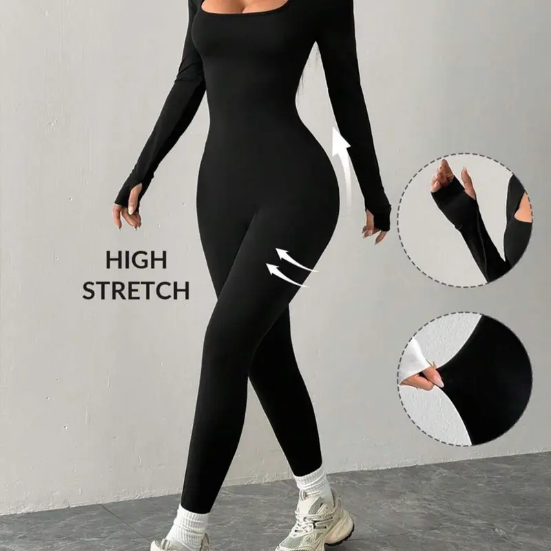 Women's Solid Color Slim Fit Square Neck Unique Design Tight Comfortable Long Sleeve Cuffed Jumpsuit, Casual Everyday Fashion All Occasion Wear