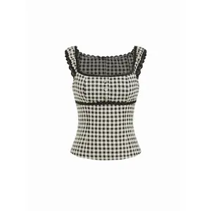 Cider Gingham Square Neck Contrasting Lace Blouse