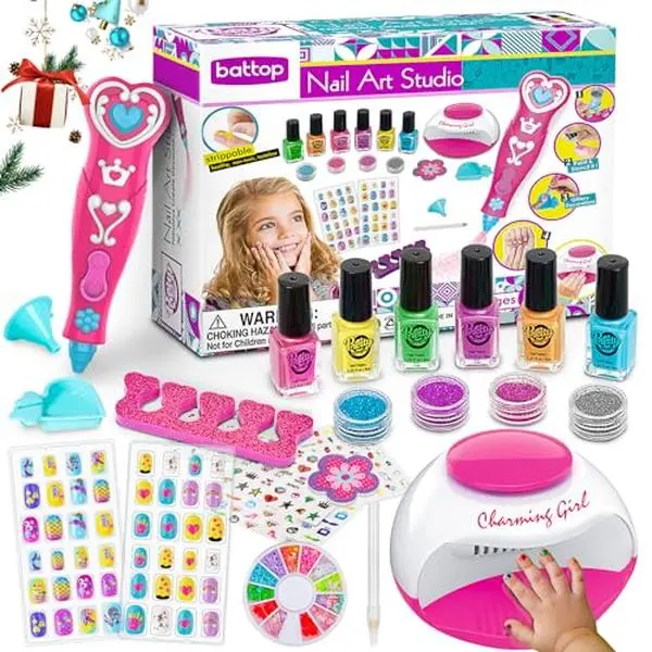 BATTOP Kids Nail Set for Girls, Nail Art Kits with Nail Dryer & Glitter Pen, Quick Dry & Peel Off & Non-Toxic Nail , Christmas Birthday Gifts for Girls Ages 6 7 8 9 10 11 12