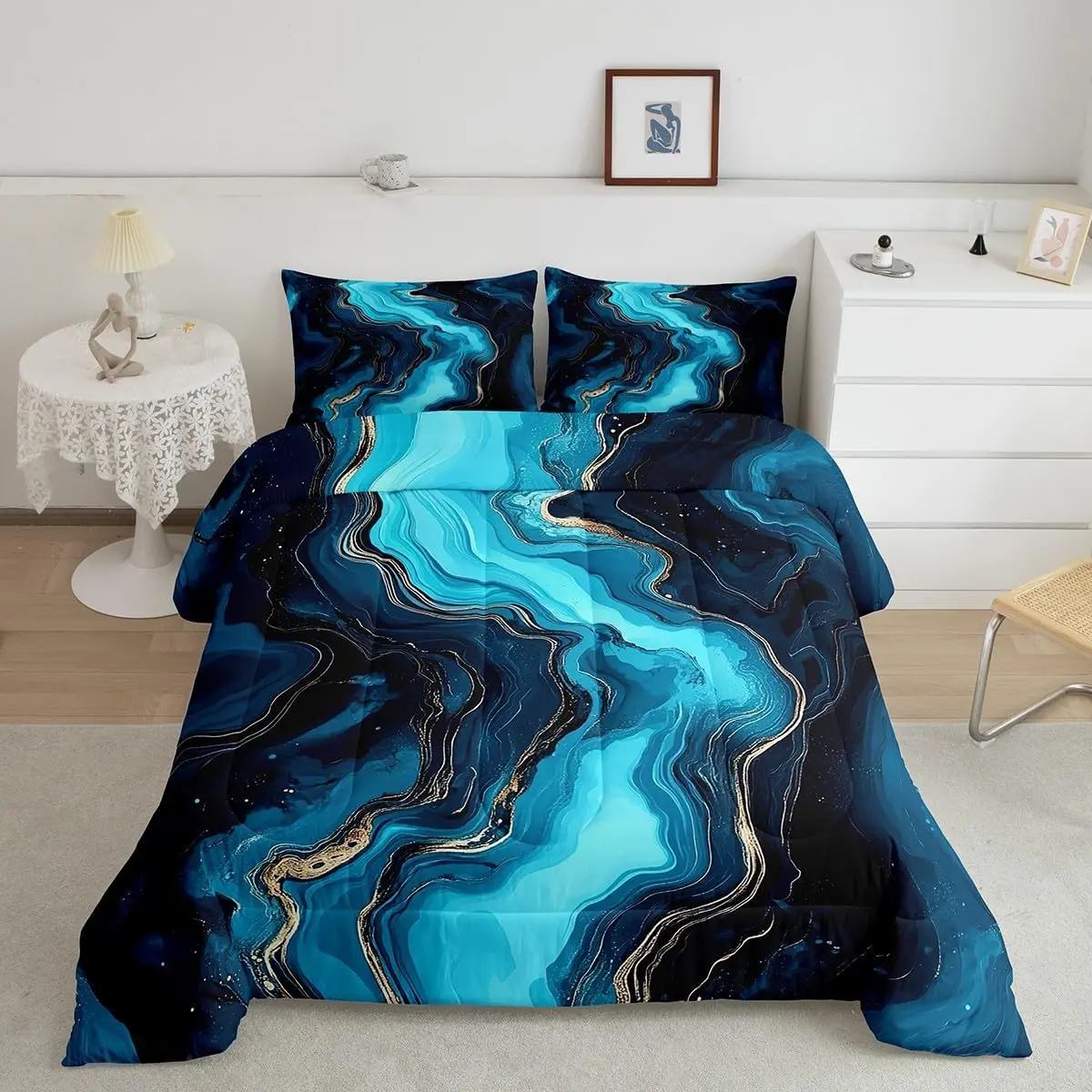 Blue Marble Designer Comforter Set,Marble Texture Luxury Bedding Set,Abstract Art Comforter,Modern Luxury Quilt Set,Super Soft Microfiber Duvet Set, Breathable Duvet Set, Decorative Bedding Set