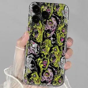 Creative Design Zombie horror Green Face phone case For iPhone 17/16/15/14/13/12/11/Pro/ProMax/Plus/17Air/Xsmax, Shockproof Transparent Soft Back Cover, Anti-Fall, Ultra-Thin Design, Uv Printed, unique Gift for Halloween And Birthday