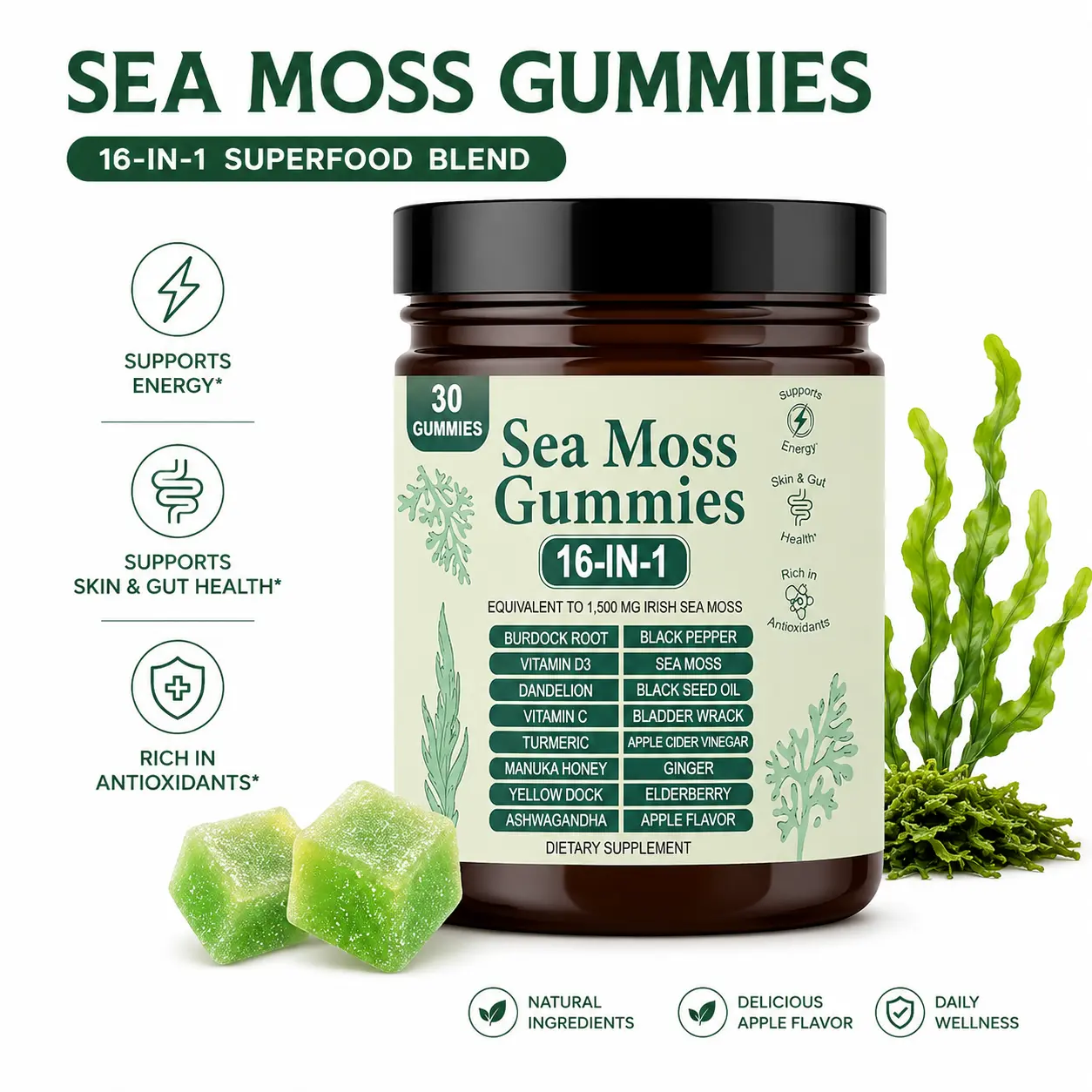 1-5 Pack Sea Moss Gummies 16-in-1, Irish Sea Moss, Black Seed Oil, Bladderwrack, Ashwagandha, Turmeric, Vitamin C & D3, 30 Count