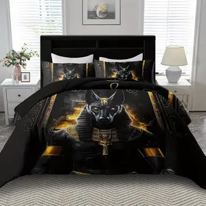 Egyptian Anubis God Printed Duvet Cover Set King/Queen Size Bedroom Decoration Suitable for Guest Room 2/3 Piece Set 2D Flat Print (Includes 1 Duvet Cover + 1/2 Pillowcases) Without Duvet Insert Machine Washable Polyester Material 2D Flat Print
