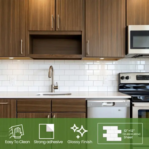 12" x 12"Subway Glossy Pure White Peel and Stick Backsplash, Seamless Design  Kitchen Backsplash Wall Tiles, PVC Stick on Backsplash for Kitchen, Bathroom, RV, Fireplace