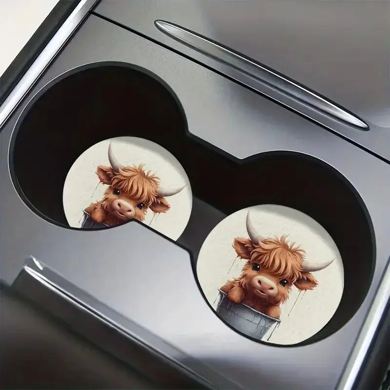 Cute Highland Cow Pattern Car Coaster, Round Anti-slip Cup Holder Pad, Universal Car Interior Accessory Decoration for Women & Men, Car Accessories, C