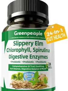GREENPEOPLE Digestive Enzymes for Women & Men - Gentle Gut Health & Cleanse Capsule with Slippery Elm, Chlorophyll, Spirulina, Probiotics Complex - Complete Sensitive Gut Supplement 60 Ct 30 Days Use